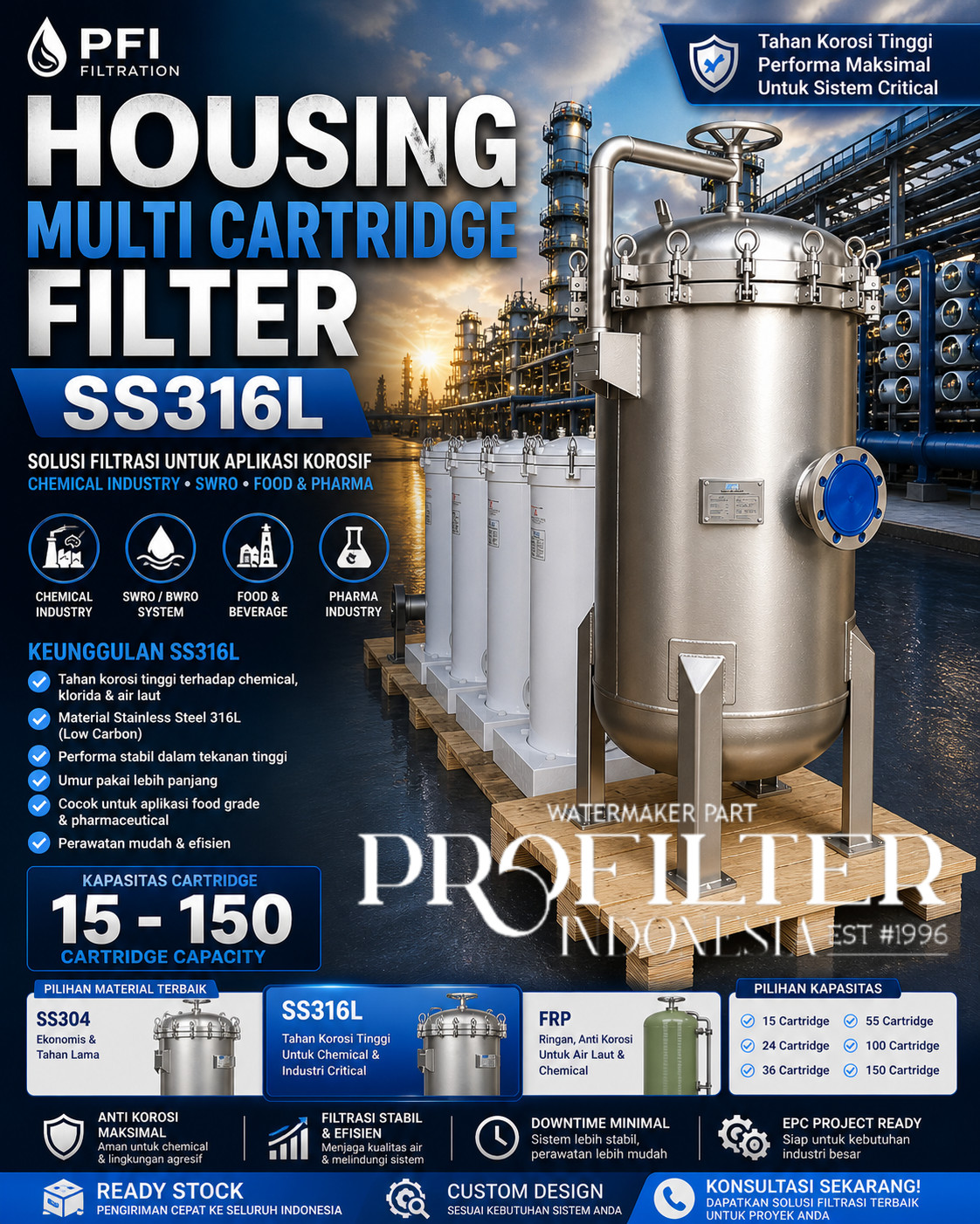 Housing Multi Cartridge Filter SS316L untuk filtrasi industri korosif dan aplikasi chemical
