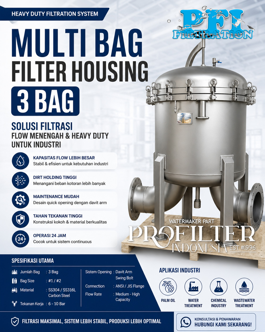 Multi Bag Filter Housing 3 Bag untuk water treatment, palm oil, dan chemical industry