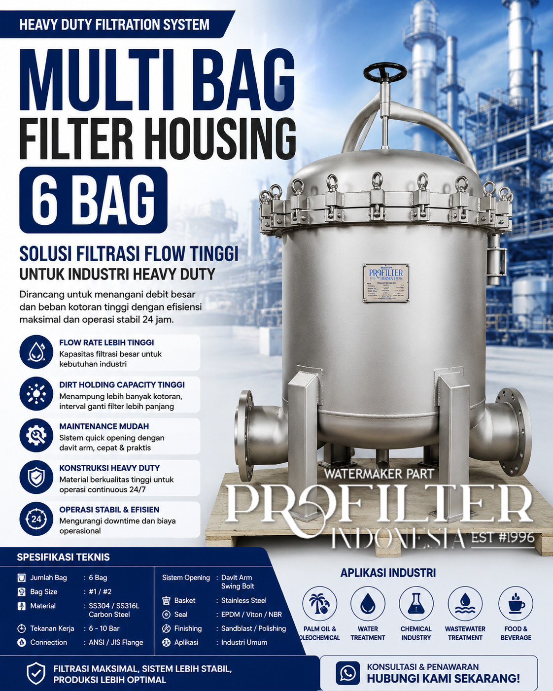 Multi Bag Filter Housing isi 6 Bag Industrial SS304 SS316L