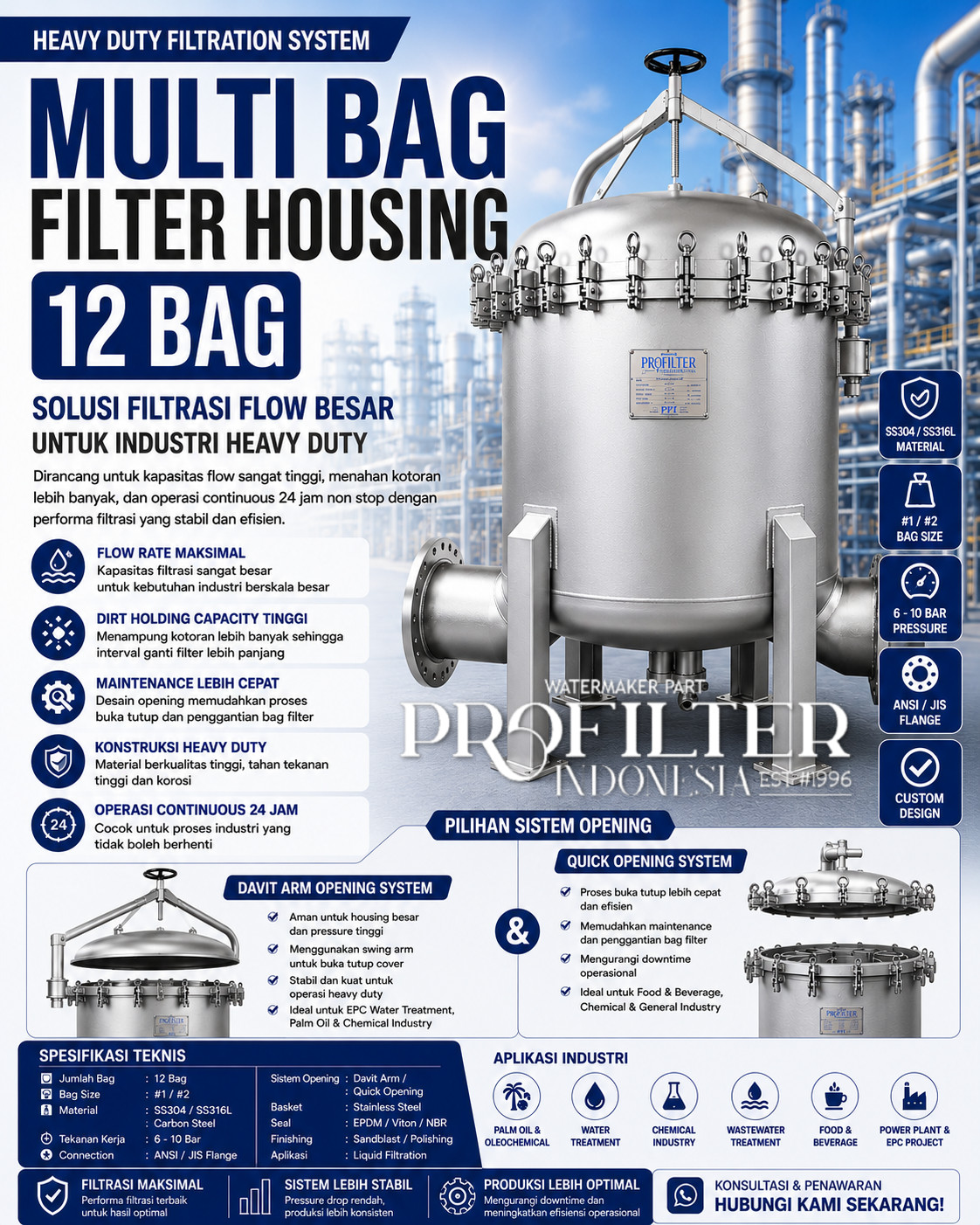 Multi Bag Filter Housing isi 12 Bag Stainless Steel Heavy Duty Industrial