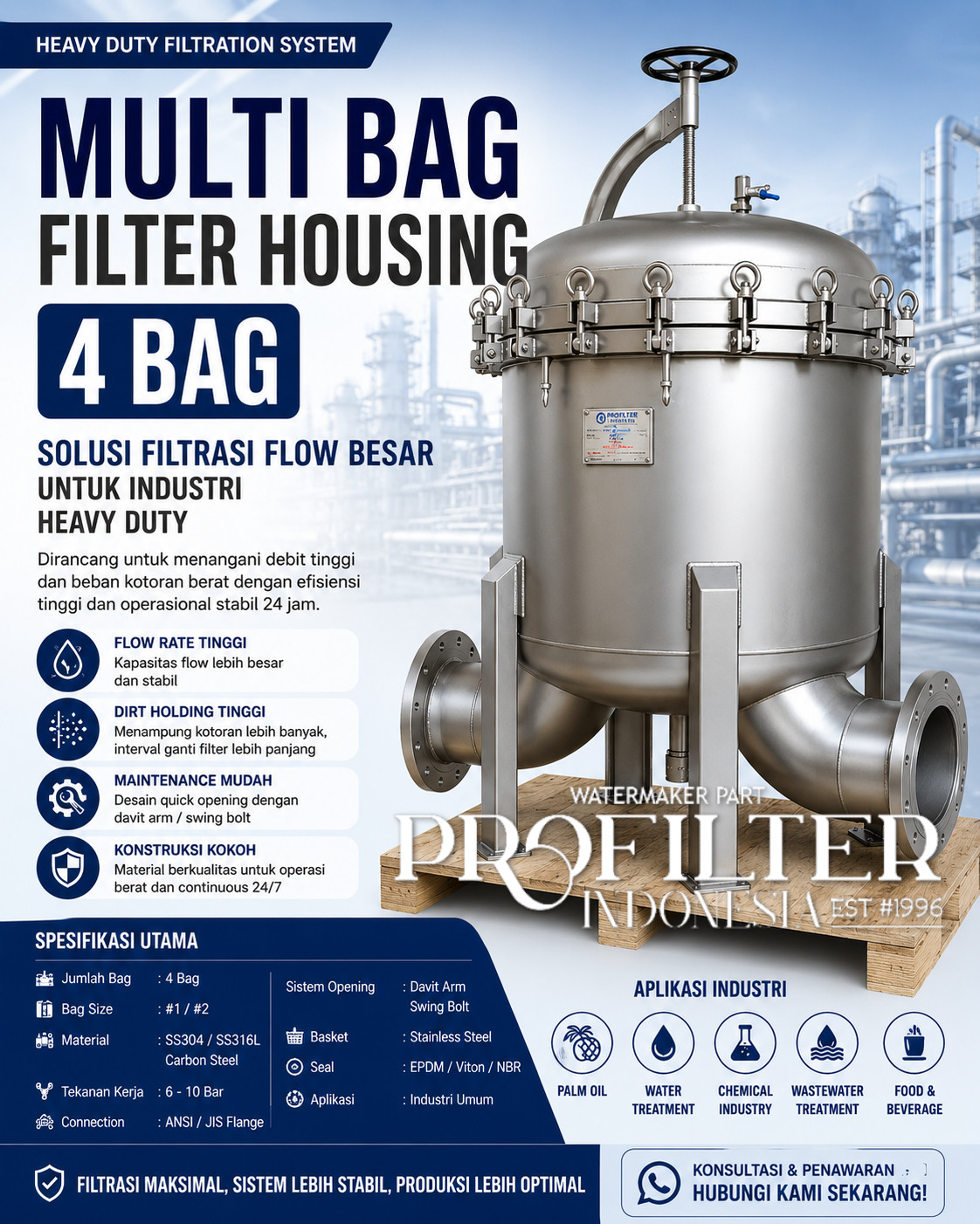 Multi Bag Filter Housing isi 4 Bag Industrial SS304 SS316L